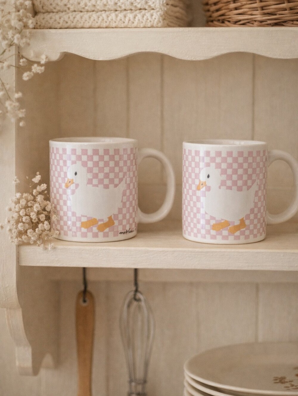 💗 Vintage K.I.C. “Duck Checkered” Ceramic Mugs — Made in Korea (Set of 2)